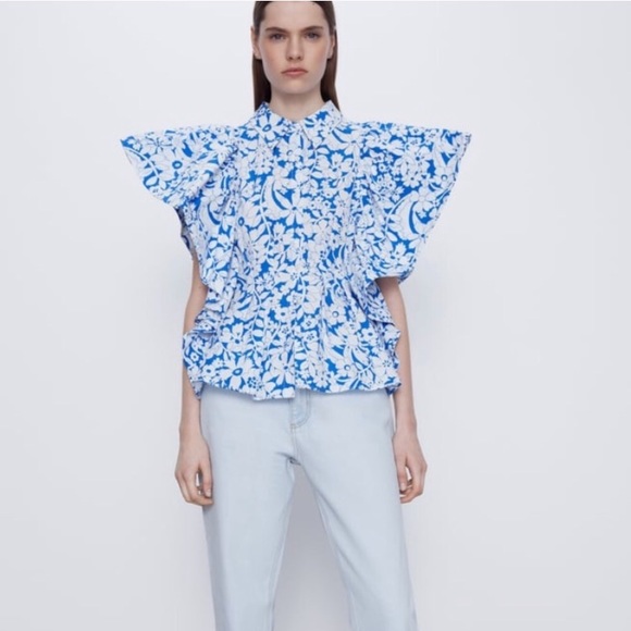 Zara | Tops | Nwt Zara Blue White Floral Print Poplin Top | Poshmark